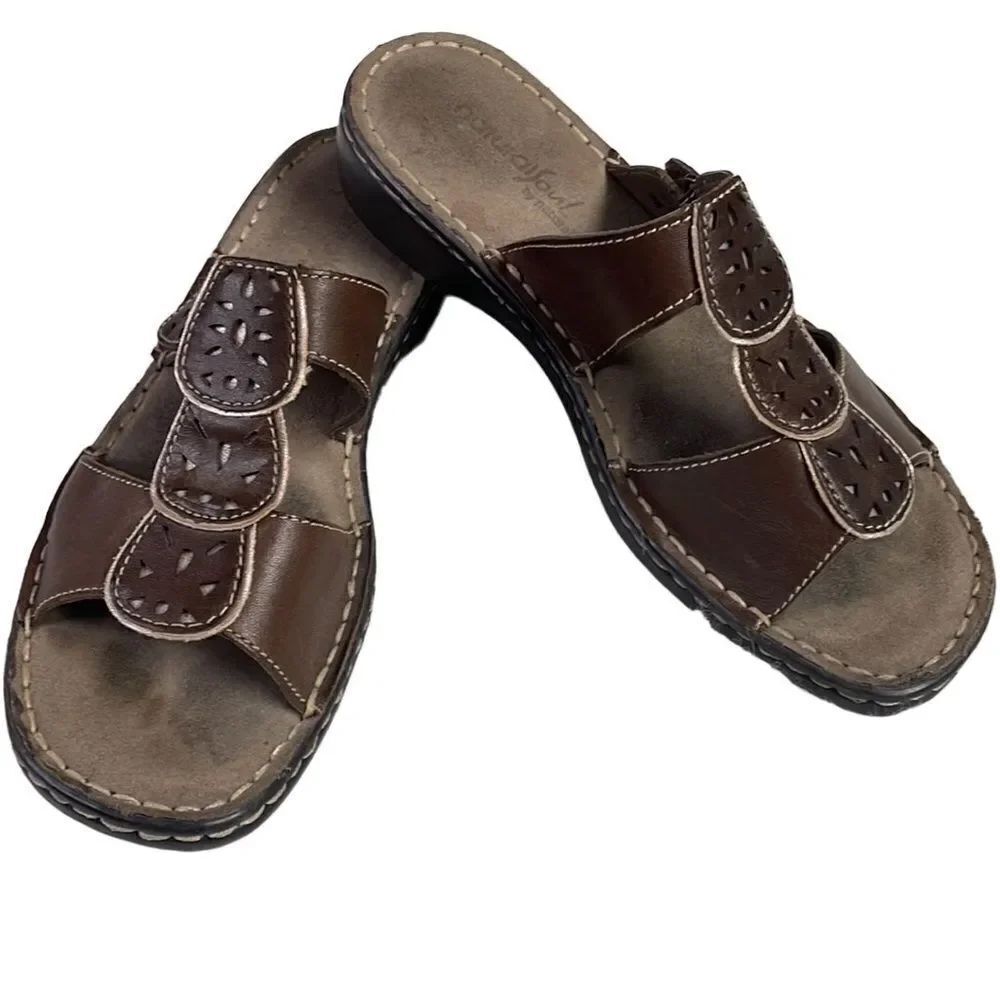 NATURAL SOUL by NATURALIZER Cornel Leather Upper Slides Sandals Size 6M Brown - Picture 12 of 12